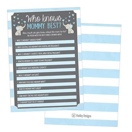 25 Blue Elephant Baby Shower Games Ideas For Boys, Fun Party Activities Who Knows Mommy Best Gender Neutral Reveal Parent Guessing Funny Questions Bundle Kids, Mom, Dad and Coed Couples Little