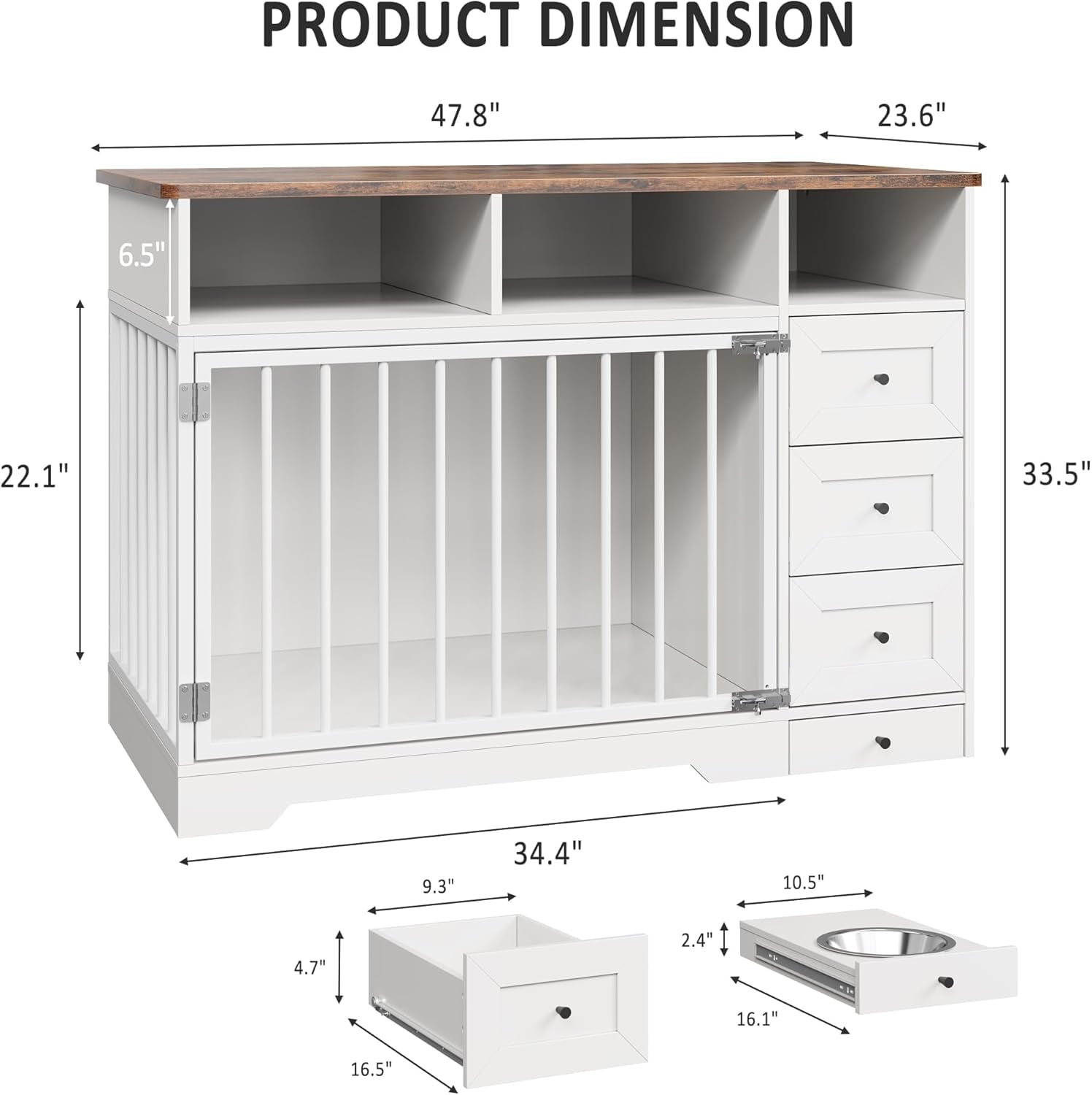 Homhougo 48 Inch Dog Crate Furniture, Farmhouse Dog Kennel with Bowl & Drawers, Heavy Duty Pet Crate Table for Medium Small Dogs for Living Room, Entryway Storage, White