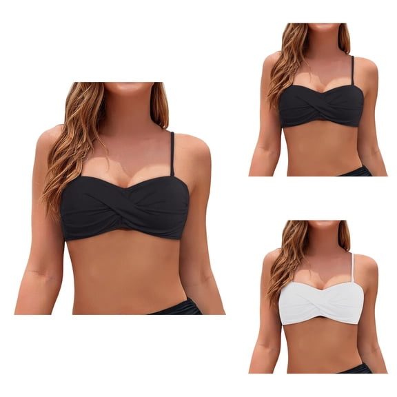 Strapless Bikini Top for Women, Bandeau Swim Top in Solid Colors, Tube Top Swimsuit with Removable Cups