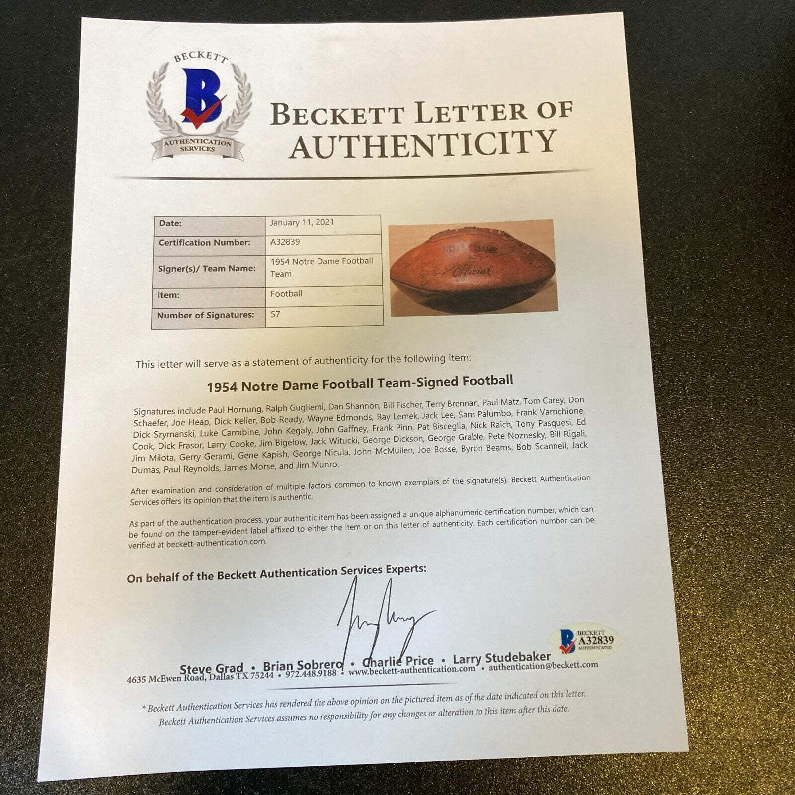 1954 Notre Dame Fighting Irish Team Signed Football With 57 Sigs Beckett COA