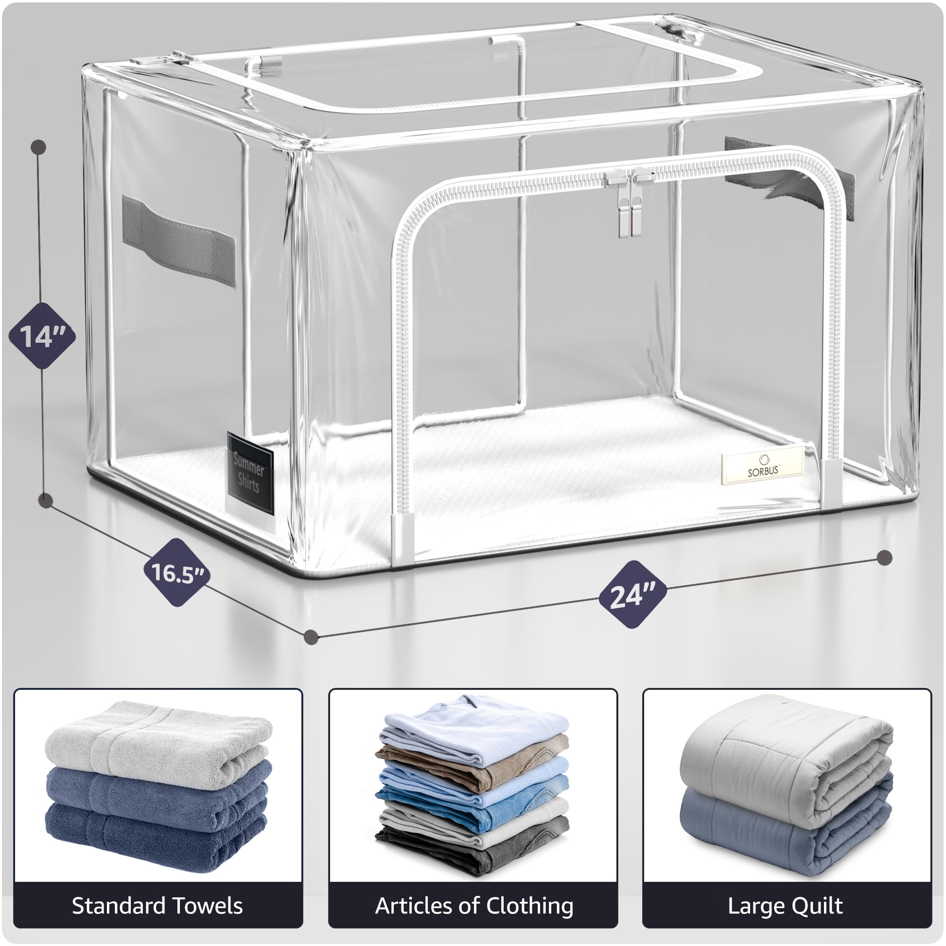 Sorbus Large Stackable Storage Bins, 2-Pack, Metal Frame, Clear Collapsible Design, Zipper Closure