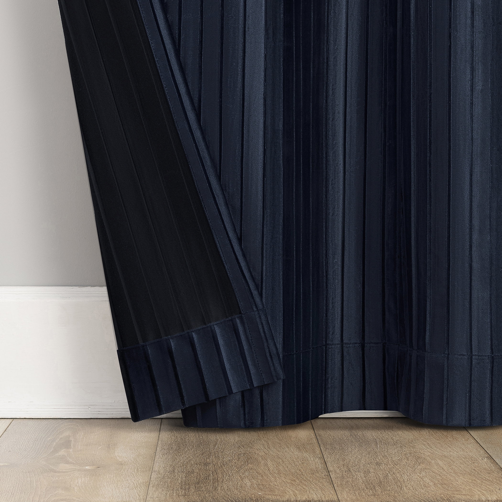 Sun Zero Cascade 1-Piece Pleated Velvet Blackout Grommet Curtain Panel, 40"X84", Navy Blue