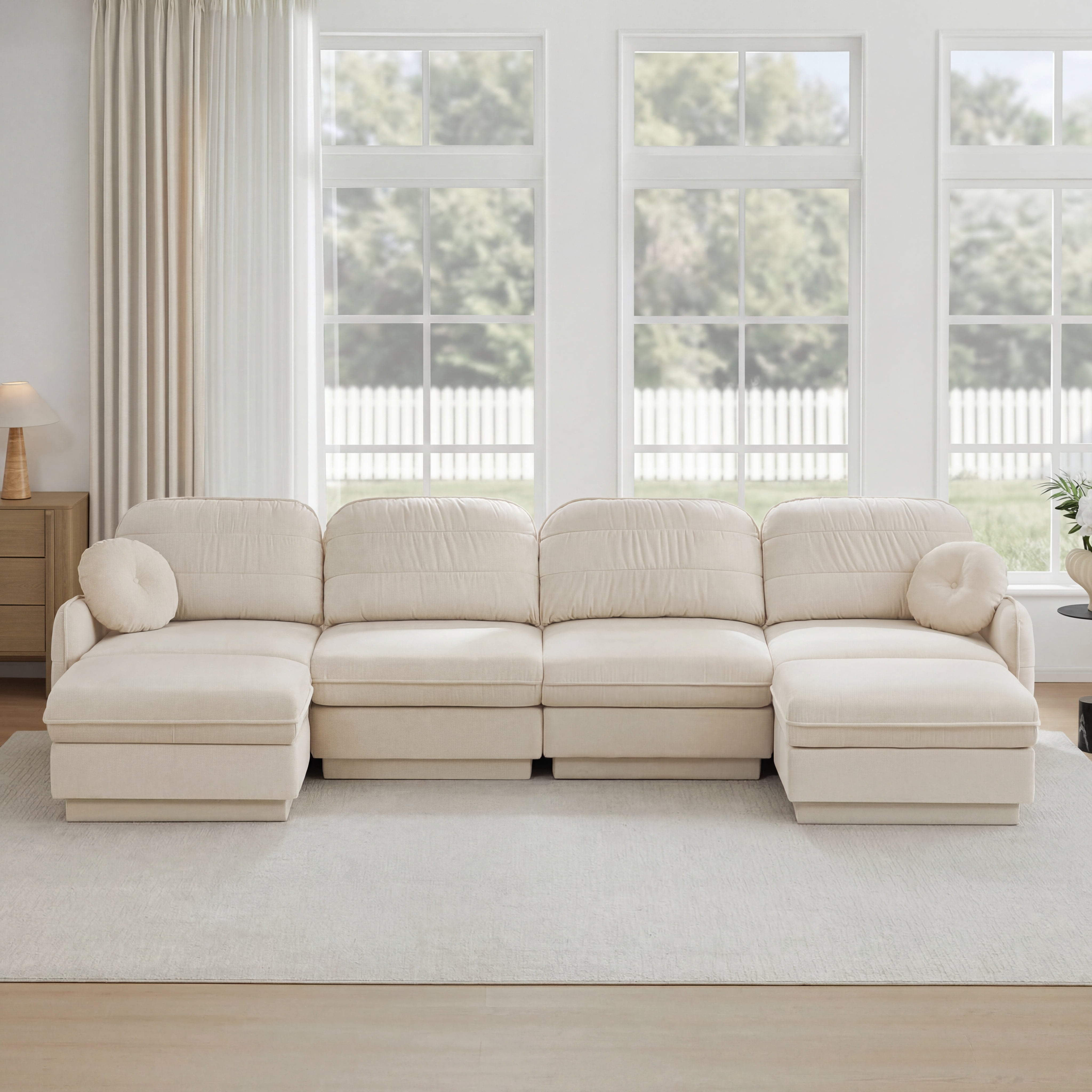 Mintazer 137" Chenille Cloud 4-Seater Modular Sectional Sofa with 2 Movable Ottoman & Round Pillows, U-Shaped Ergonomic Sofa Couch for Living Room, Apartment, Cream