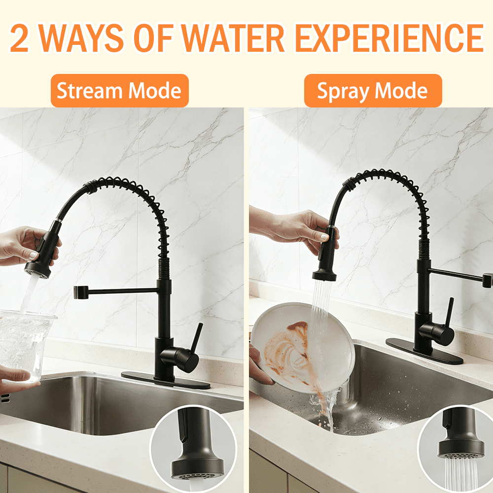 Matte Black Kitchen Faucet with High Arc Spring Spout, Commercial Grade 304 Stainless Steel & E-Coating for Rust/ Corrosion Resistance, 2 Spray Modes, for Bar, RV Sink