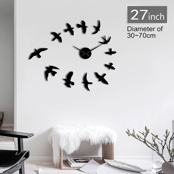 3D Fly Birds Mirror Large Wall Clock Sticker Animal Frameless DIY Giant Time Clock Huge Modern Design Clock Watch Decor(Black,27inch)