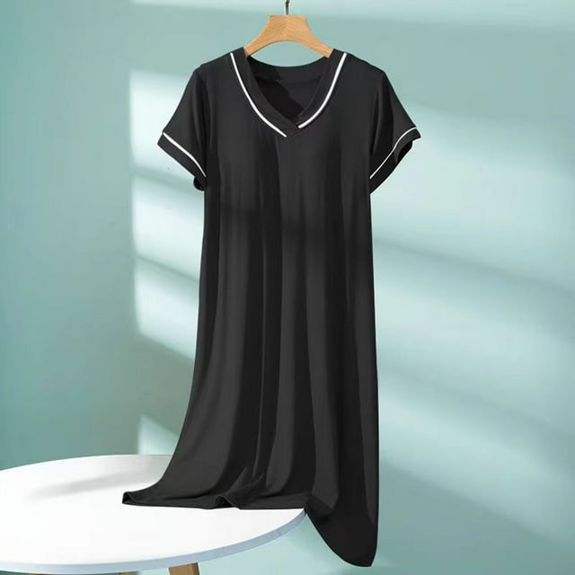 Camisón de manga corta con cuello en V y copas acolchadas extraíbles, suave y cómodo, de poliéster, para dormir en color liso.