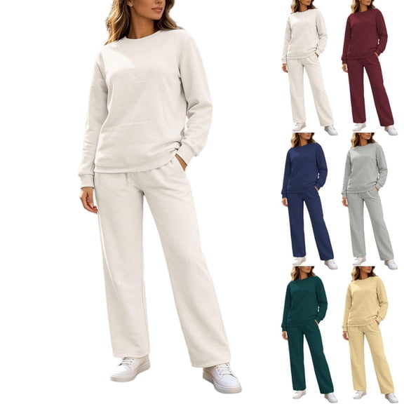 Tqcoqu Women's Solid 2 Piece Sweatsuit,Crew Neck Long Sleeve Sweatshirt & Elastic Waist Wide Leg Sweatpants,Thick Casual Loungewear Outfit Set,Beige Women's S-XXXL