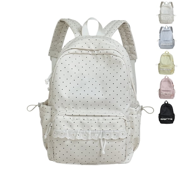 HIJUNE Polka Dot Backpack, Coquette Lace Backpack, Cute Nylon Daypack with Bow Accessories, Lightweight Shoulder Bag for Women