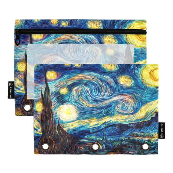 2 Pack 3 Ring Binder Pouch with Clear PVC Window Water Resistant Zipper Pencil Pouch Swirling Sky over The Village Binder Pocket for Classroom Office Home Stationery Organization