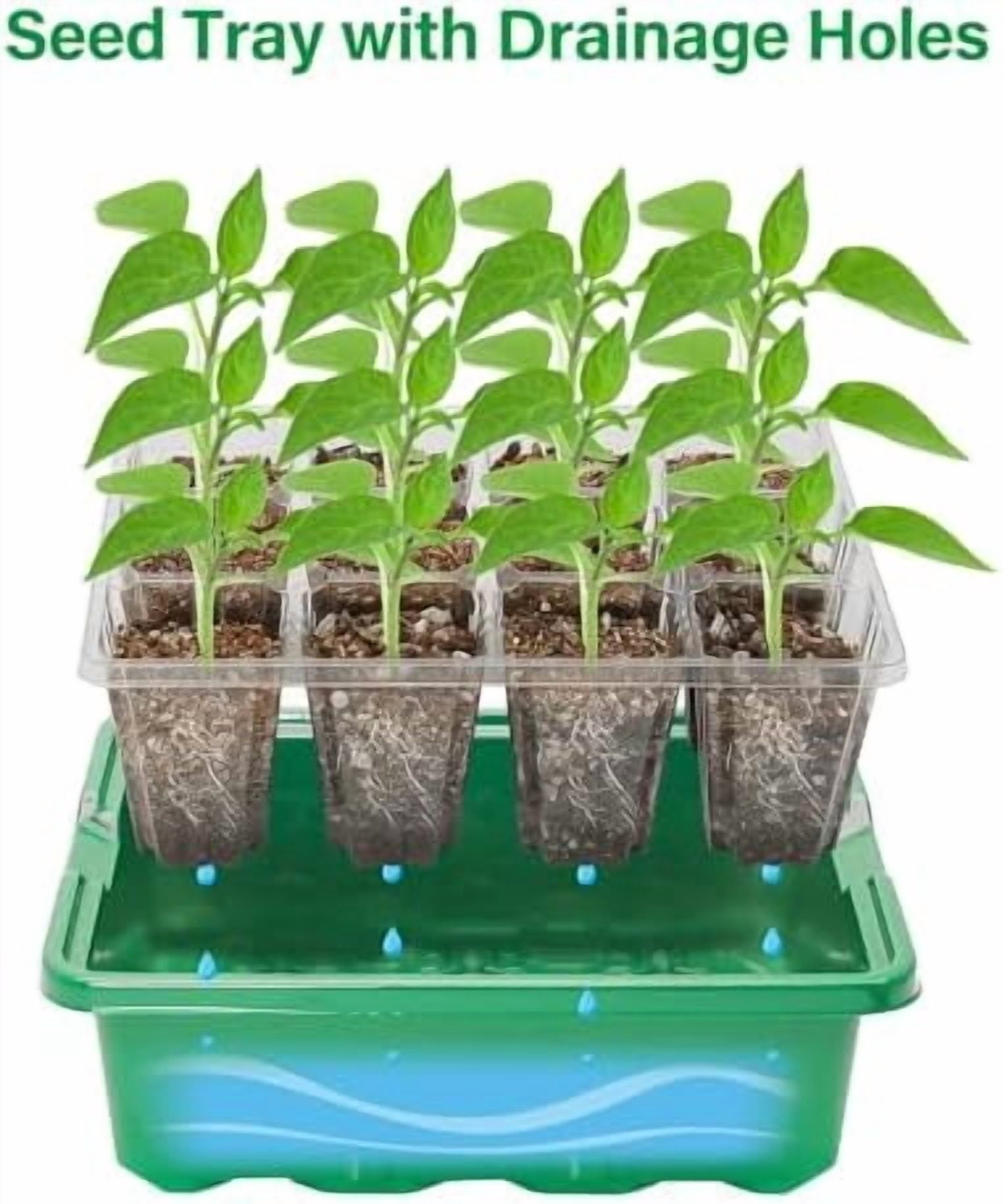 5 Packs Seed Starter Tray with Plant Light, Elevated Seedling Starter Trays Kits with Adjustable Humidity Domes and Clear Cell Tray, 12 Full Spectrum led lamp Beads for Plants Indoor-Green