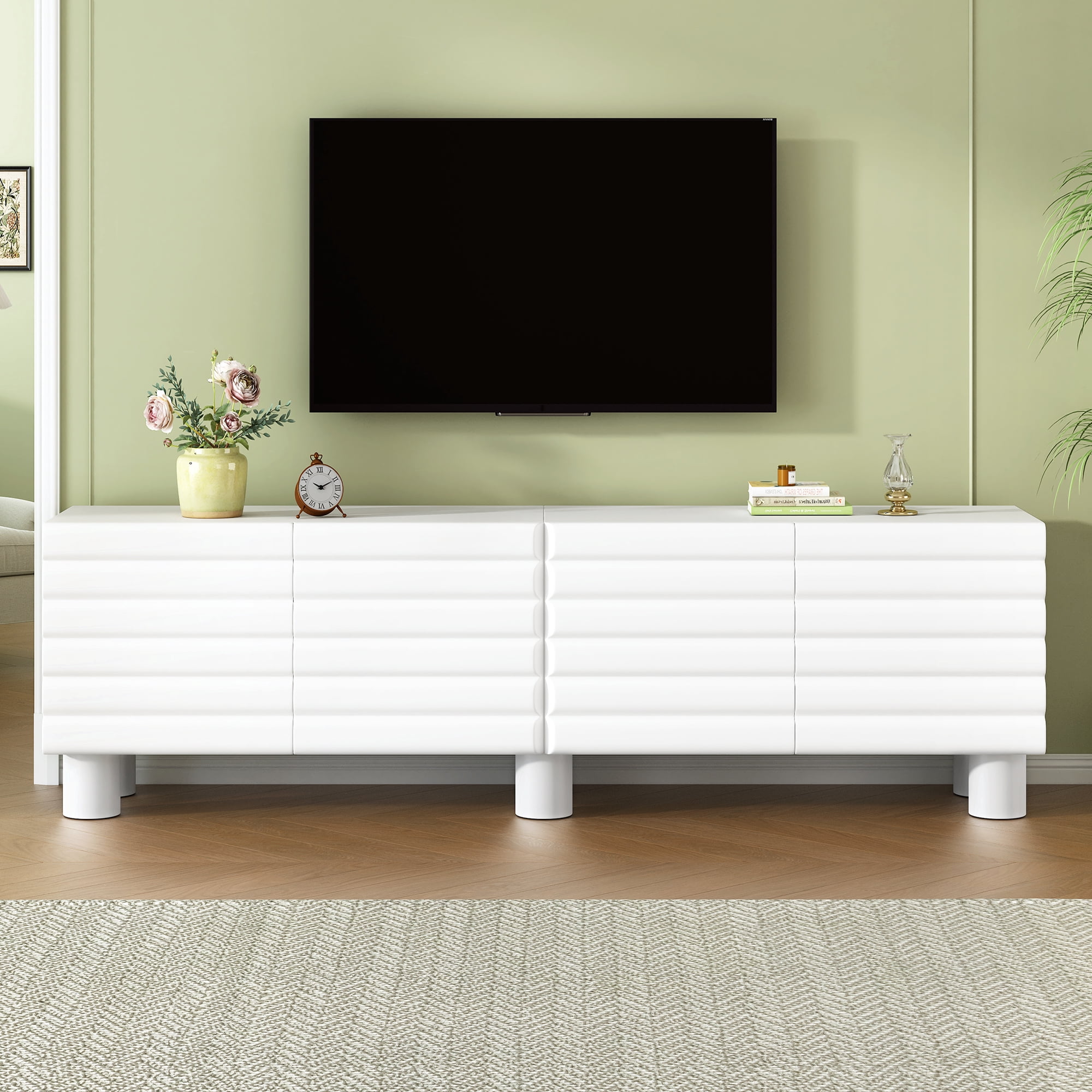Miniyam Stylish Thick Wavy Door TV Cabinet with Adjustable Shelves & 4 Cabinets for TVs Up to 75", Solid Media Console with Cylindrical Legs and Cable Holes for Living Room, White