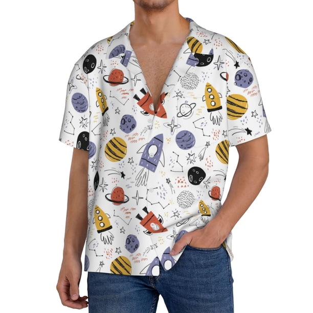 Balery Rocket Planets Camisa Casual de Manga Corta con Botones para Hombre, Texturizada, Estilo Cubano, para Playa, Verano-Small