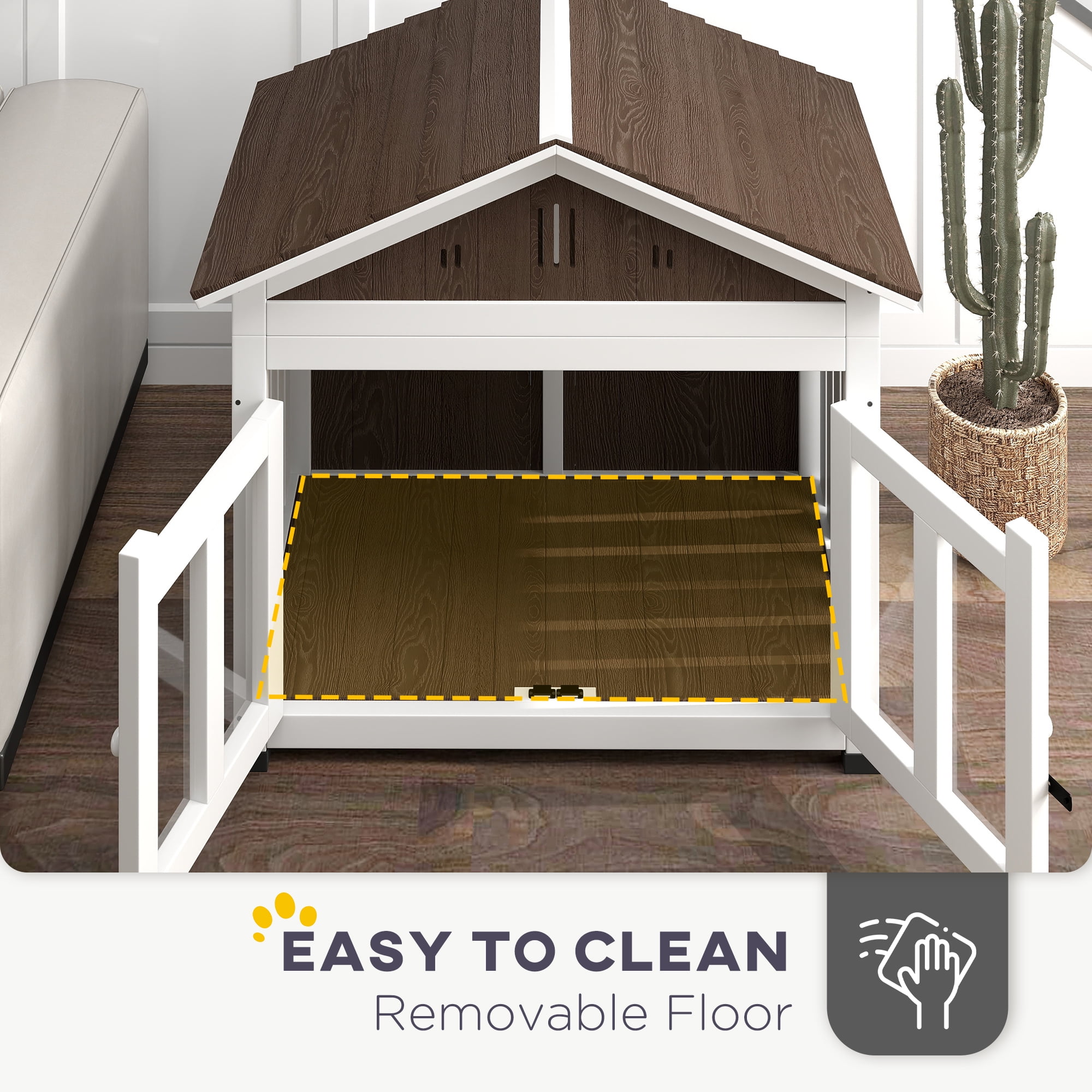 PawHut 40"L Dog House Outdoor Indoor, Wooden Dog Kennel for Small, Medium, Large Dogs, with Air Vents & Elevated Removable Floor, Magnetic Doors