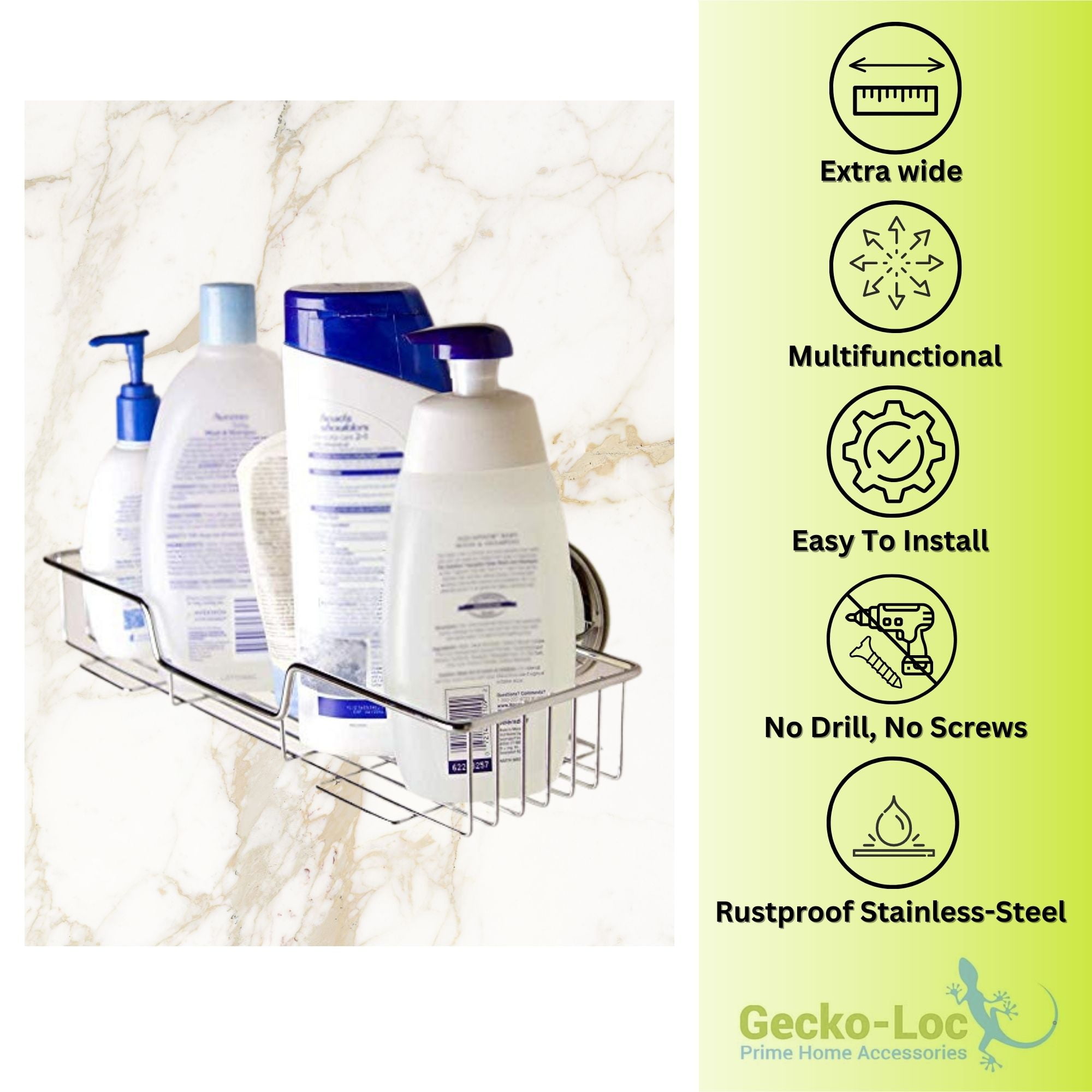 Gecko-Loc Deep Shower Shelf Caddy Storage Basket Shampoo Conditioner Holder W