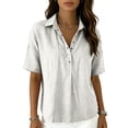 thumbnail image 4 of Women Loose Fit Polo Collar Short Sleeve Button Down Shirt Casual Relaxed Blouse Lightweight Summer Top for Daily Wear White L, 4 of 7