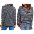 thumbnail image 2 of Suéter de Punto Suave A Rayas para Mujer, Camisa Holgada con Bolsillo en el Pecho. Azul Profundo L, 2 of 5