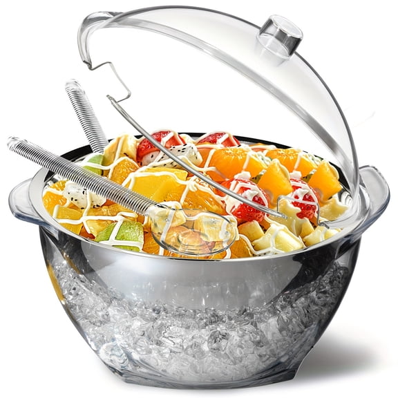 Large Salad Bowl With Ice Chiller Base And Lid, Kitchen Refrigerated Veggie Tray With Two Long Spoons, Party Platters For Food