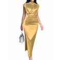 thumbnail image 3 of Women'S Satin High Slit Maxi Dress - Elegant Mock Neck Cap Sleeve Formal Attire Gold L, 3 of 8