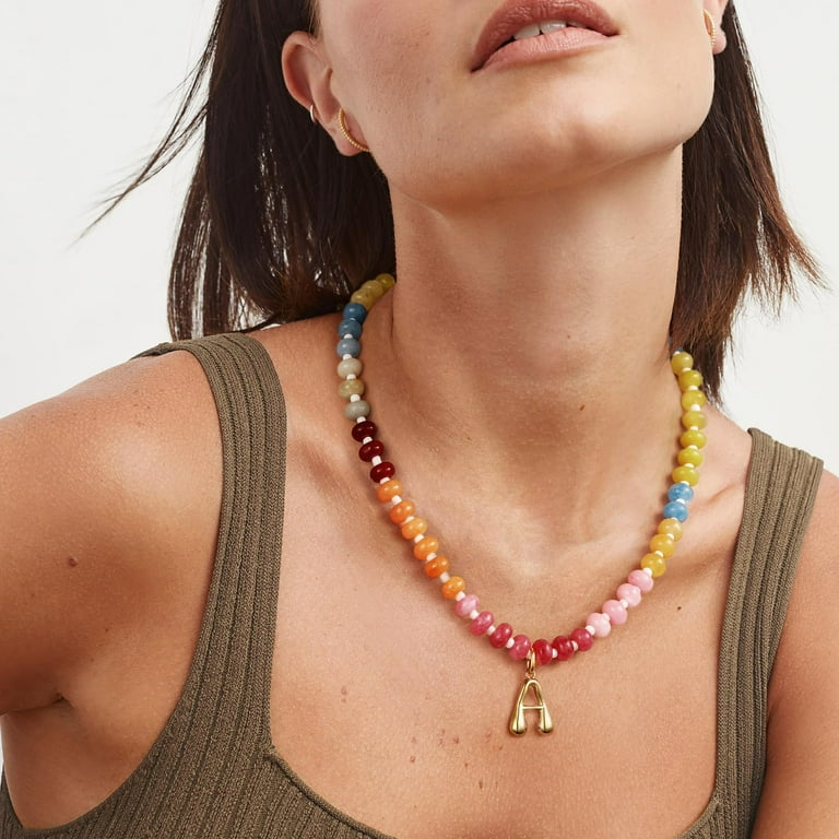 Beaded Initial Necklace With Bubble Letter - Colorful Gemstone Choker For Women (Letter L Shown)