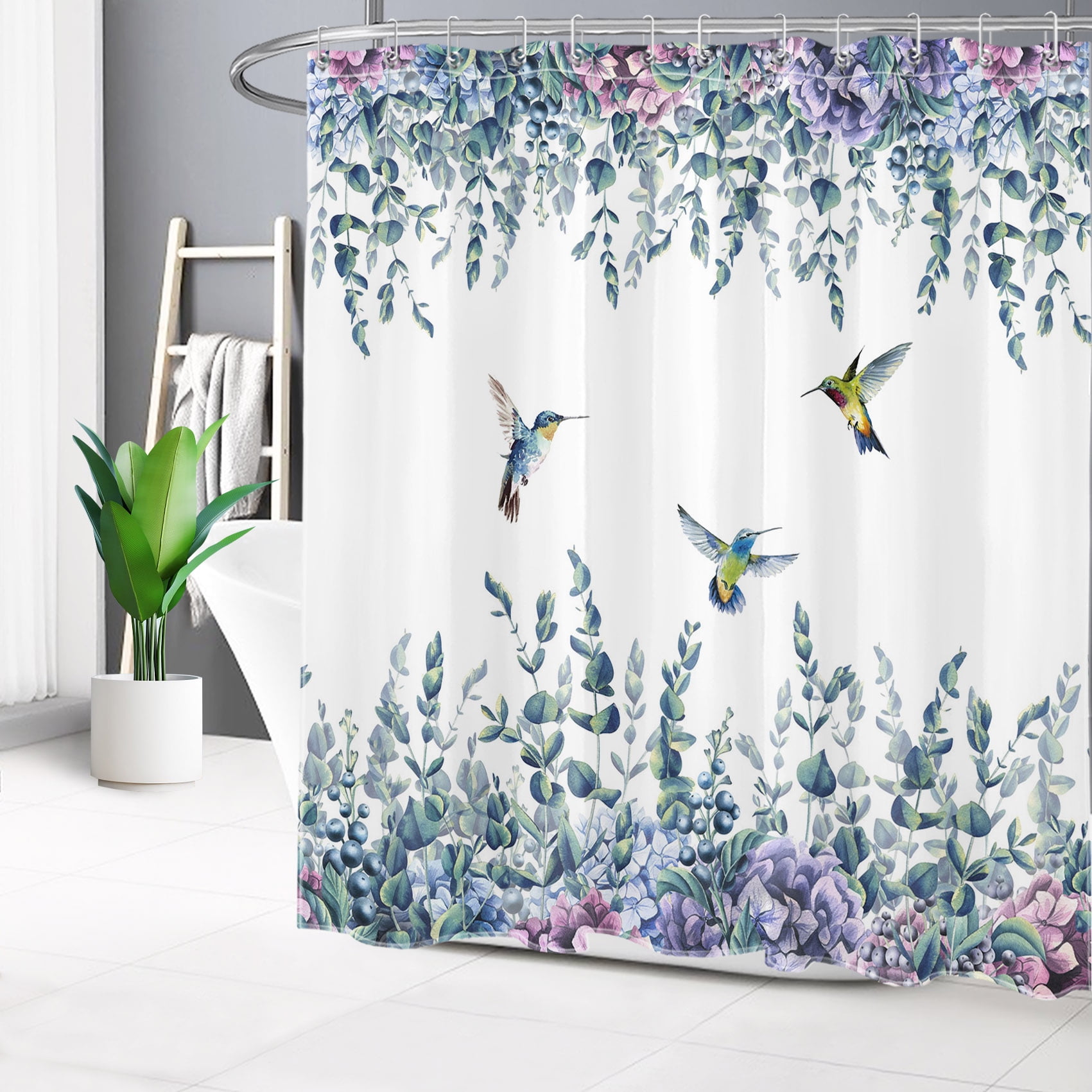 Eucalyptus Leaf Shower Curtain Watercolor Plant Hummingbird Purple Floral Bathroom Shower Curtain Nature Theme Home Decor Waterproof Durable Shower Curtain Accessories with 12 Hooks 72x72 Inches