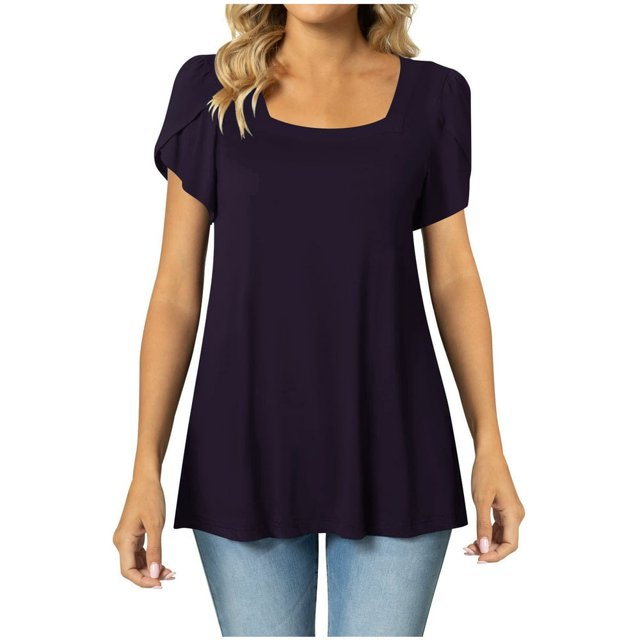 JUNWELL Blouses d'Été Tendance pour Femmes Col Carré Manches Courtes Tunique Décontractée Couleur Unie Plissée Évasée Bleu m