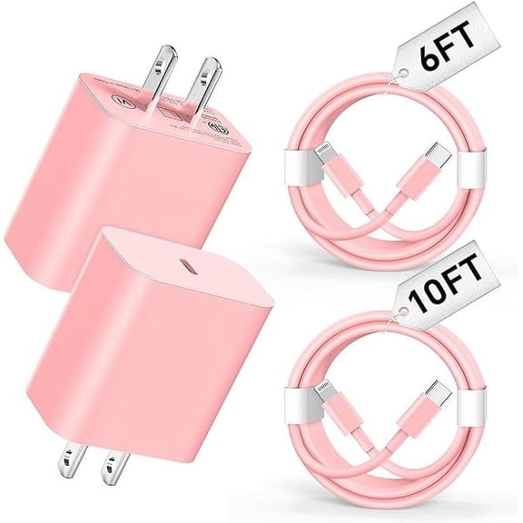 USB C Fast Charger Block, 4Pack 20W PD Type C Wall Phone Charger with 6/10FT Fast Charging USB C to Liighting Cable Compatible with Phone 14/13/12/11 Pro/Pro Max/Plus/XS/XR/X/SE/8 Charger Pink