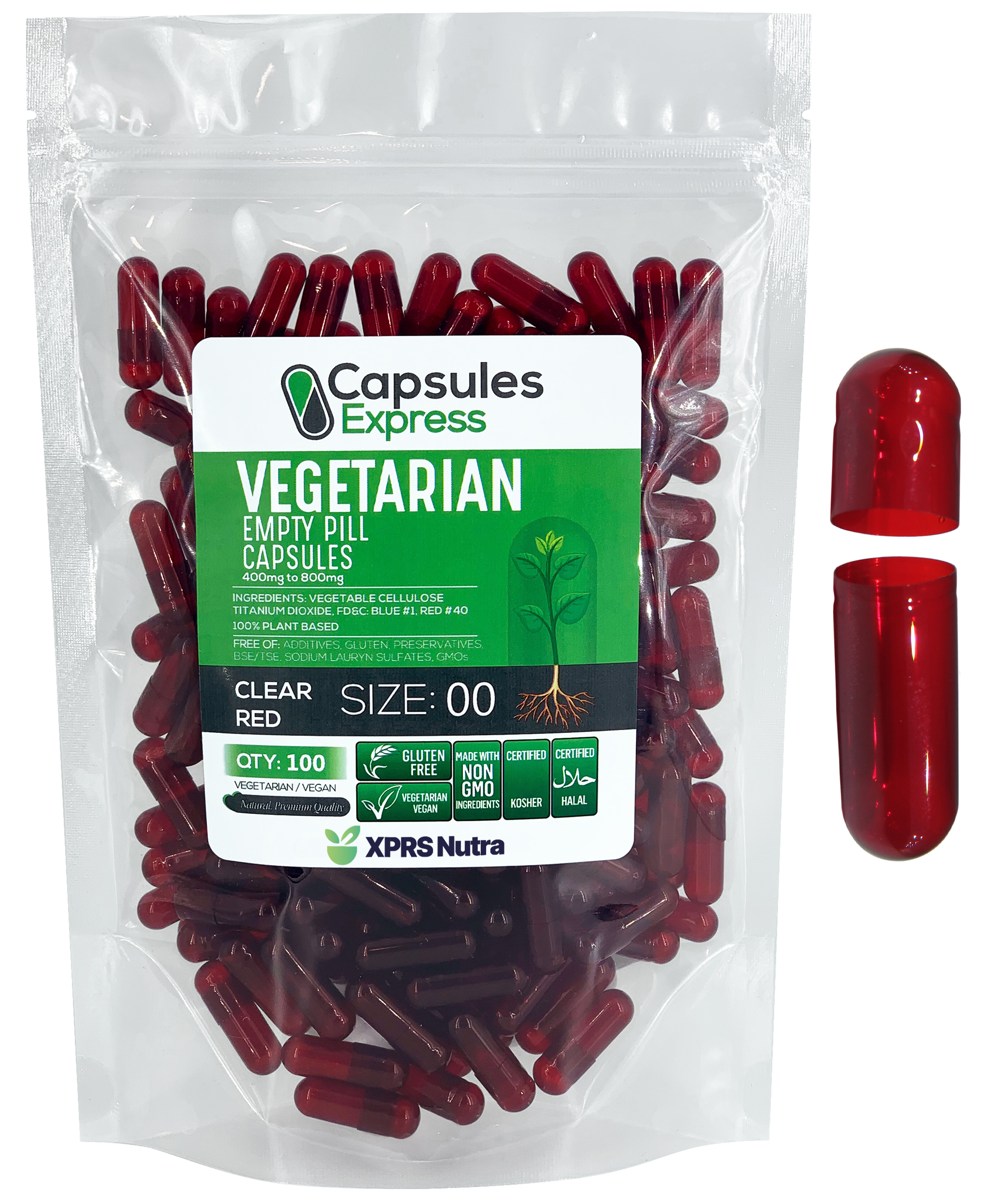XPRS Nutra Size 00 Clear Red Empty Vegan Capsules Vegetarian