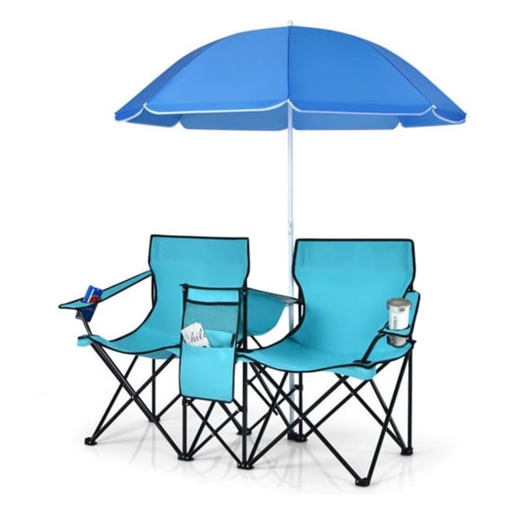 Camping Chair with Umbrella, 2 Seat Outdoor Loveseat Chair Set, Adjustable Canopy, Cooler Bag, Portable Folding Beach Chairs for Patio, Turquoise