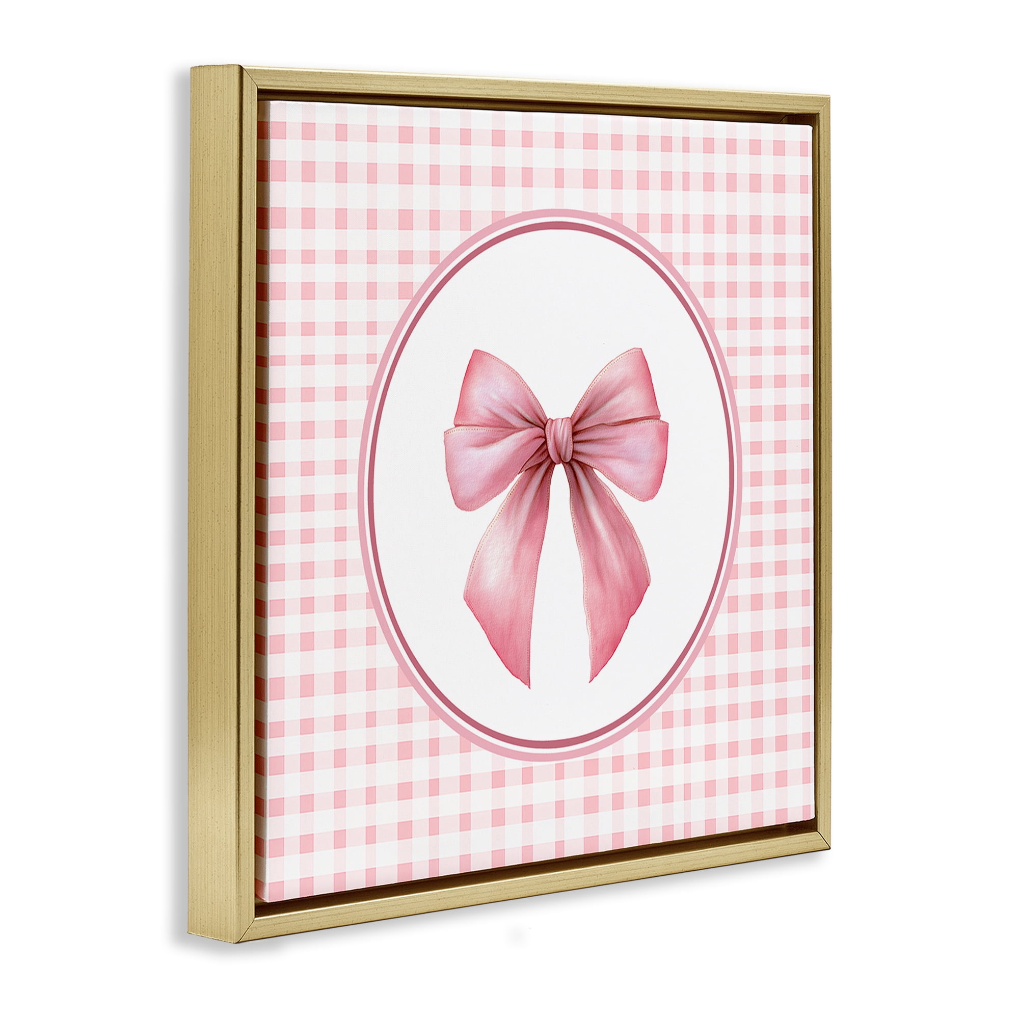 Stupell Industries Pink Bow with Circular Gingham Gold Framed Floater Canvas Wall Art, design by Christine Simpson Art
