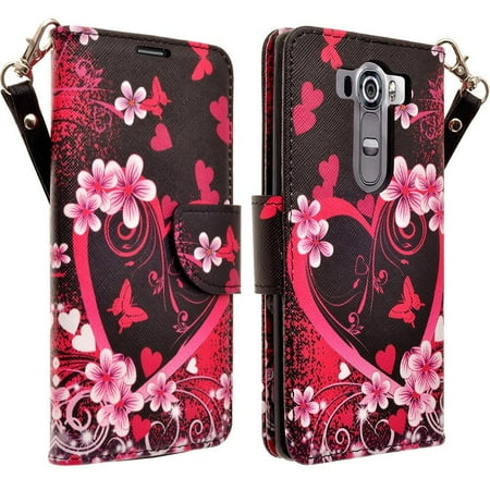 For LG V10 G4 Pro - Hybrid PU Leather Credit Card Money Slots Kickstand with Strap Wallet Phone Case Cover in Heart
