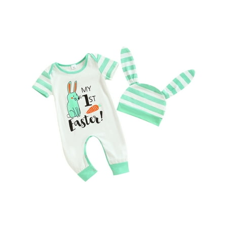 

Ma&Baby Infant Baby Boys Girls 2PCS Easter Outfits Short Sleeve Bunny Print Jumpsuit + Striped Hat Set