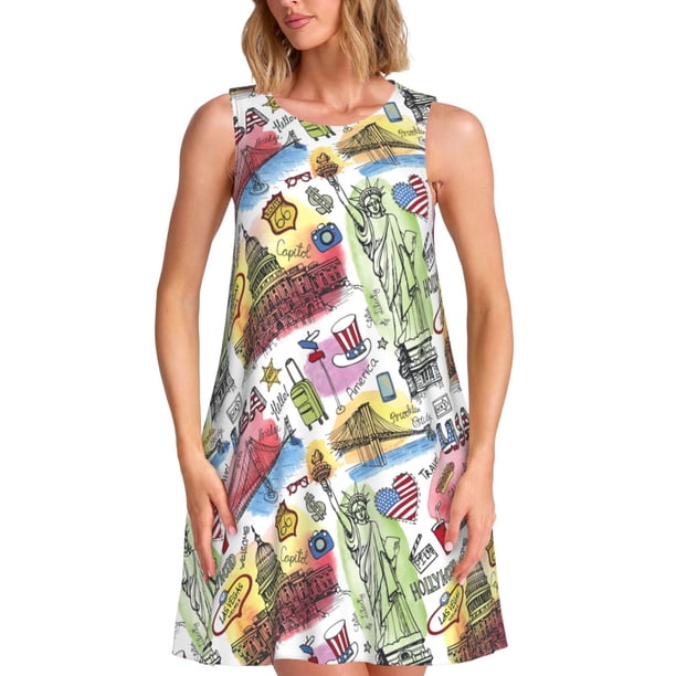 Disketp America Landmarks1 para Vestido sin Mangas para Mujeres, Vestidos de Verano para Mujeres, Casual y Holgado para la Playa