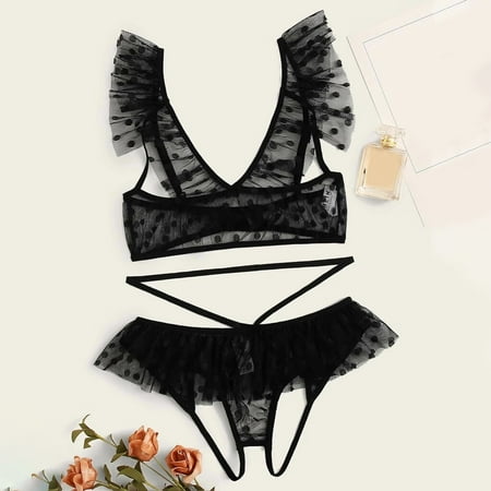 

Ykohkofe New Women Plus Size Lace Lingerie Bra+Thong Underwear Set Black Sleepwear