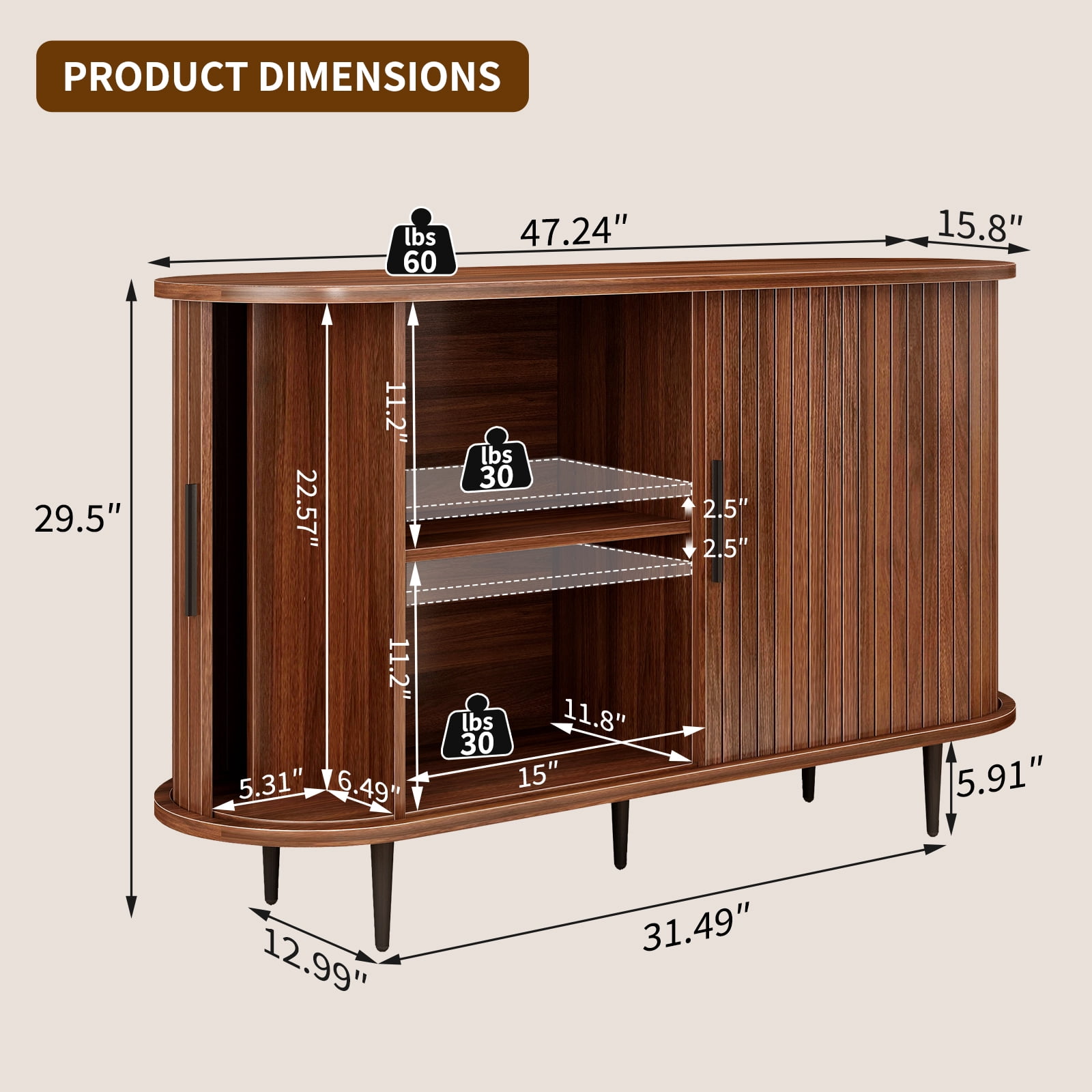 47"W x 29"H Buffet Sideboard Cabinet with Storage, Fluted Storage Accent Cabinet with Curvy Edge, Sliding Door, Credenza, Console Table for Living, Dining Room, Kitchen, Hallway
