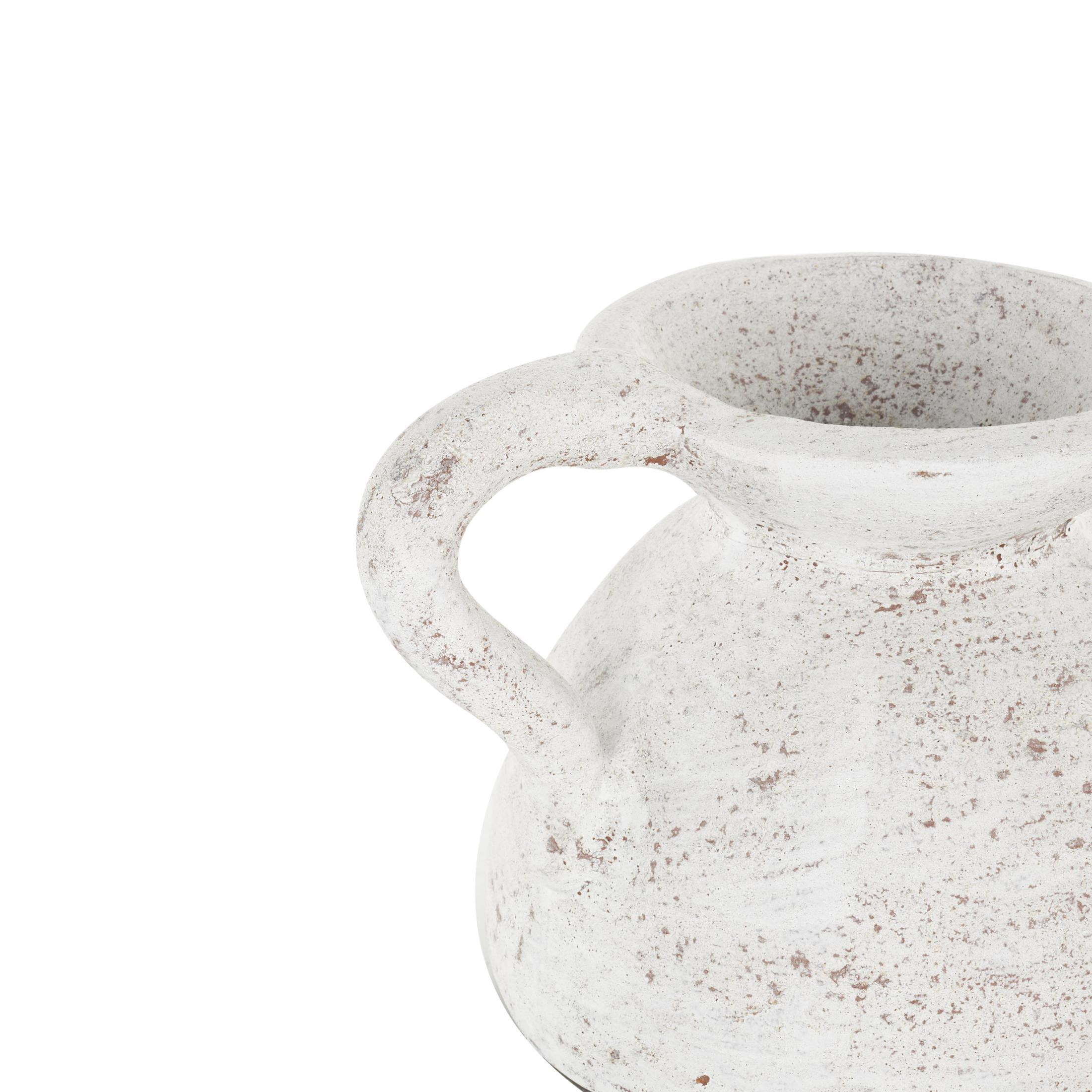 DecMode 9" Antique Style Textured Pot White Ceramic Vase with Handle