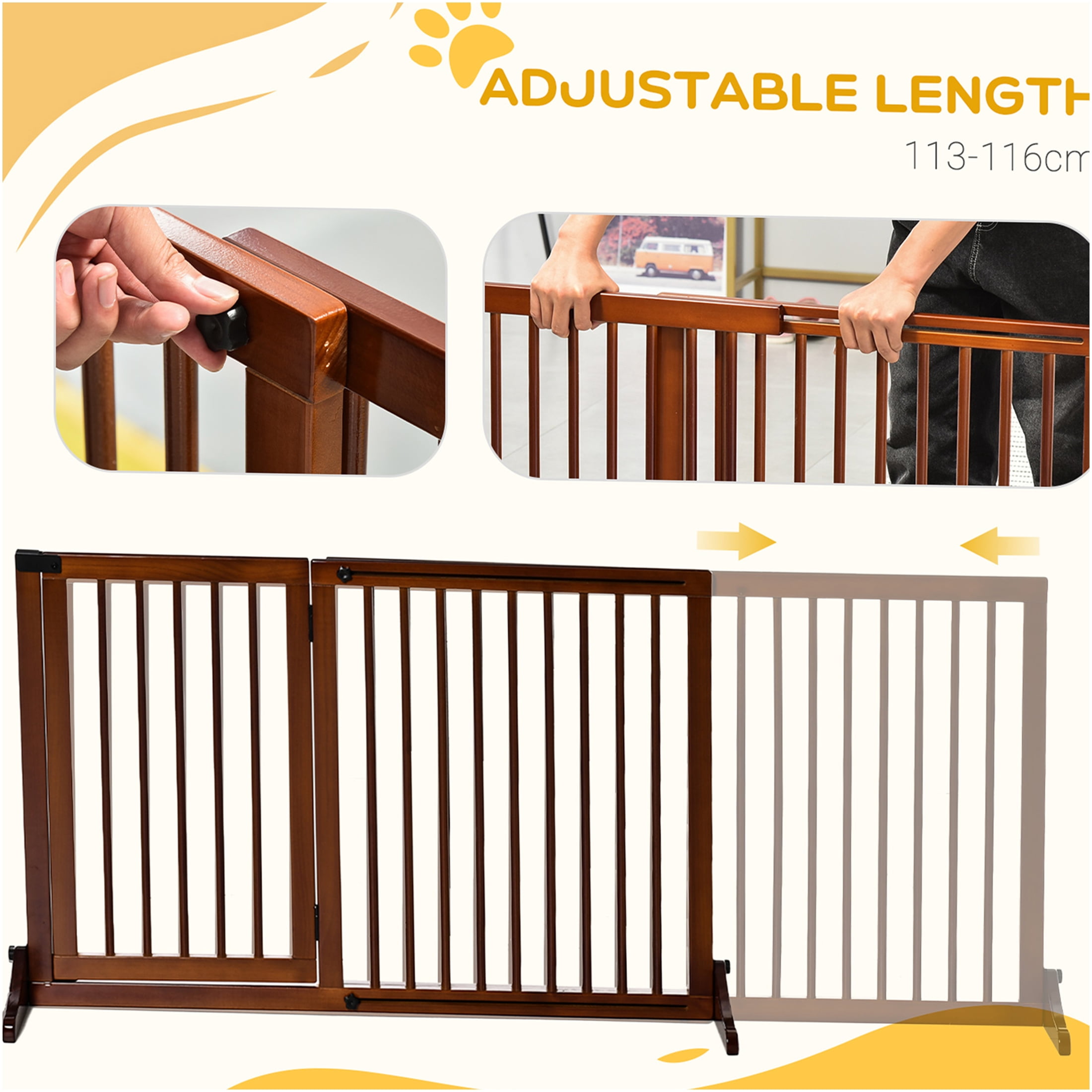 JERFIT Adjustable 3-Panel Freestanding Pet Gate with Locking Door, 44.5"-65.25" L x 28" H, Brown Wood Dog Fence for Doorways & Stairs