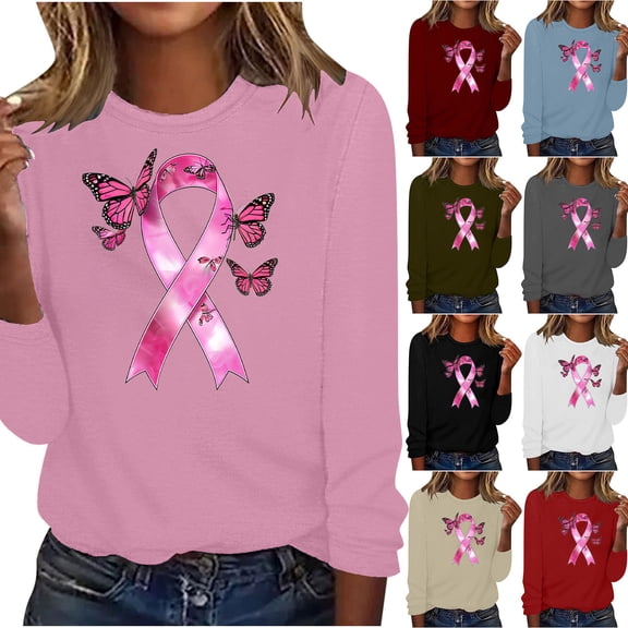 Brqkzdu Breast Cancer Awareness Shirt for Women Pink Ribbon Graphic Inspirational Breast Top Long Sleeve Comfy Casual Shirts Tops