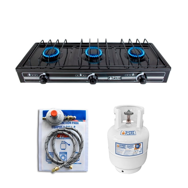 Combo TRIPLE FAMA Estufa 3 Quemadores Negra 3Q-N + kit conexion + Tanque Super Flama TRIPLE FLAMA BLACK