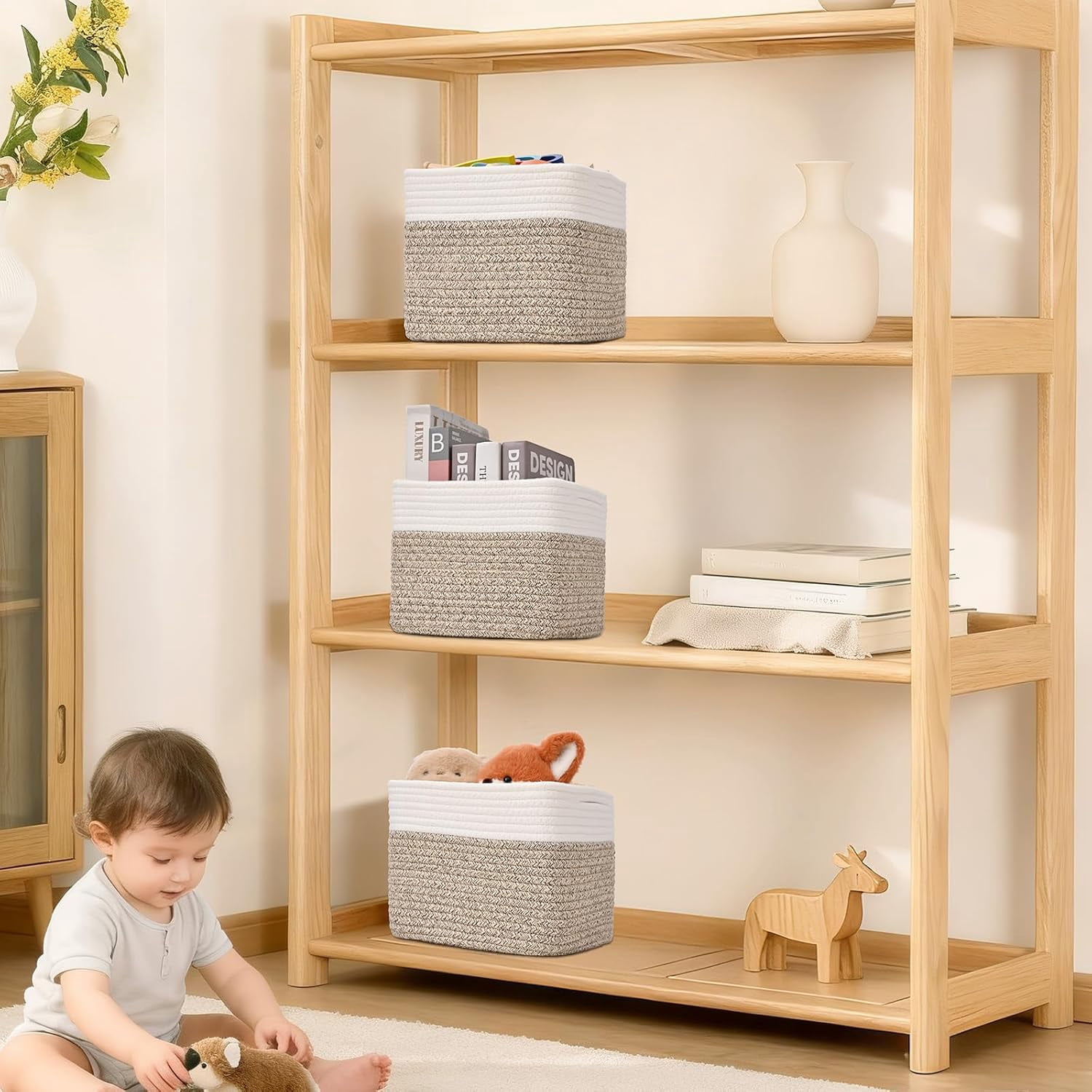 Natubeau 3 Pack Woven Storage Basket, 9"x9"x7" Cotton Rope Woven Baskets for Organizing, Cube Storage Bins for Shelves, White & Jute