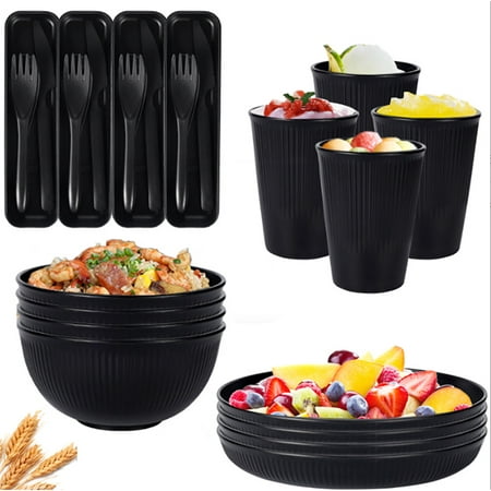PandaTop Unbreakable Dinnerware Set, Wheat Straw Dinnerware Sets for 4 People (28pcs), Stackable Kitchen Plates and Bowls Set, Unbreakable Plastic Outdoor Camping Dishes, Dishwasher Microwave Safe