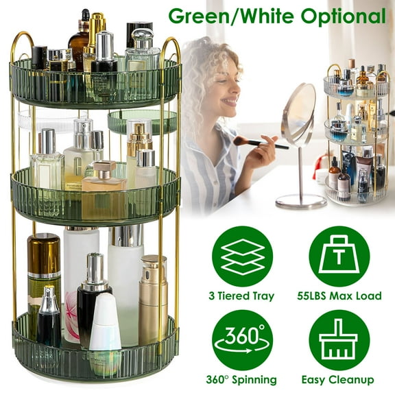 Moclever 360° Rotating Makeup Organizer 3 Tier Cosmetic Storage Tray 55LBS Bathroom Countertop Organizer, Green