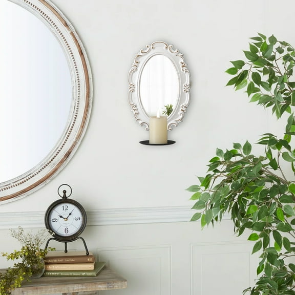SOFE Sculptures Wooden Wall Sconces Candle Holder, Oval Vintage Mirrored Wall Candle Holder for Taper Candles, Iron White Wall Candle Sconces for Living Room, Farm House Wall Home Decor
