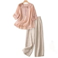 thumbnail image 2 of Women's Embroidered Cotton Linen Blend 2 Piece Set - Round Neck 3/4 Sleeve Tunic Top & High Waist Wide Leg Pants, Boho Casual Lounge Outfit Pink M-2, 2 of 8