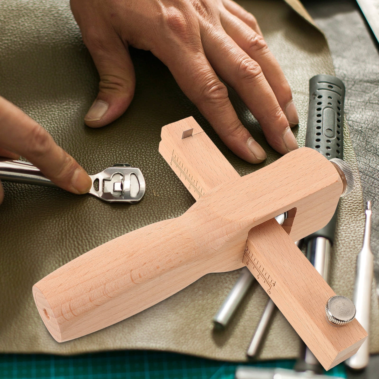 NUOLUX Beige Wooden Strap Cutter Adjustable Hand Cutting Tool for DIY Leathercraft