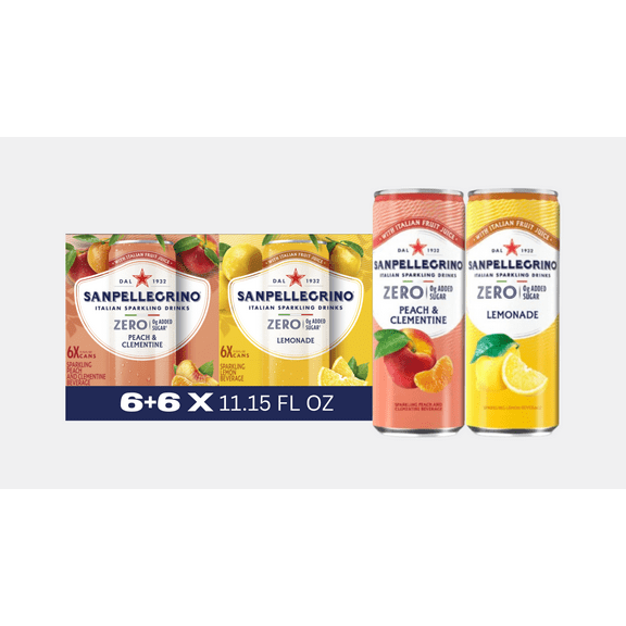 Sanpellegrino Italian Sparkling Drink Zero Sugar Variety Pack Peach & Clementine and Lemonade Variety Pack, 11.15 fl oz Cans, 12 Pack