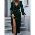 thumbnail image 5 of Women'S Long Sleeve Velvet Dress V Neck Holiday Cocktail Party Semi Formal Midi Dresses Dark Green XL, 5 of 9