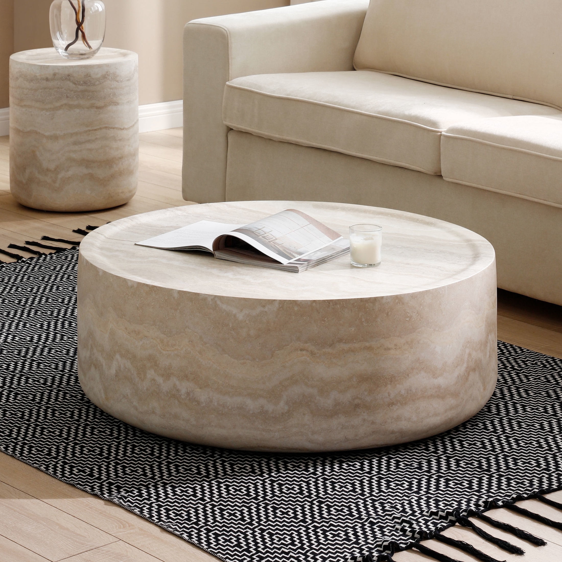 Noble House 35.43" Round Faux Travertine Coffee Table, Waterproof Fiberglass Drum Tea Table for Living Room, Beige