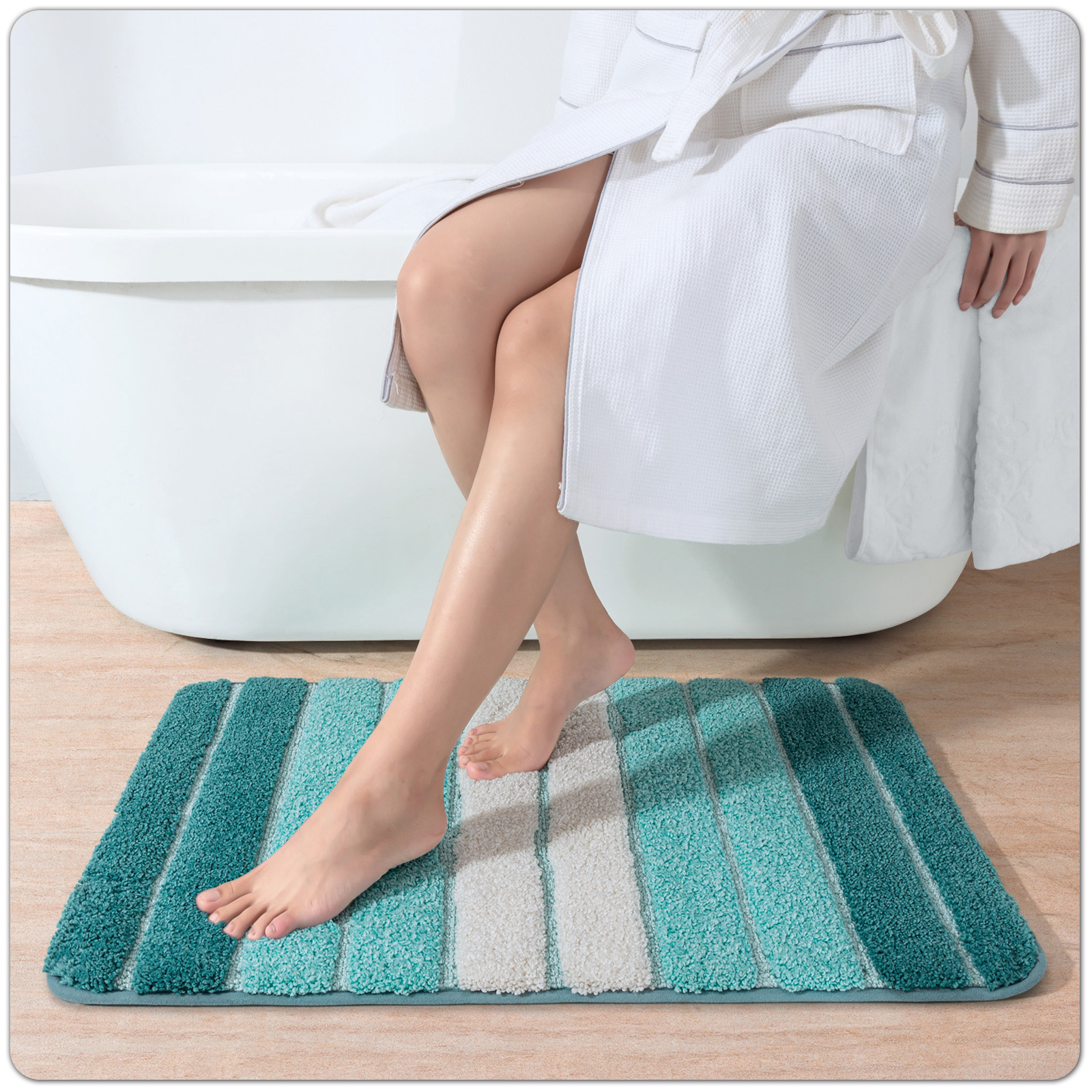 OEAKAY Turquoise Striped Microfiber Bath Mat, 16"W x 24"L photo 8