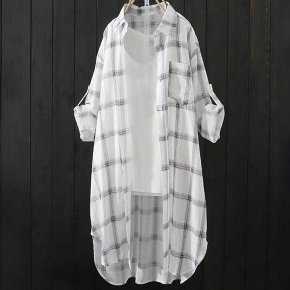 ICHUANYI 2023 Womens Oversized Button Down Shirts Plaid Printed Coat Long Sleeve Blouses V Neck Casual Loose Tops