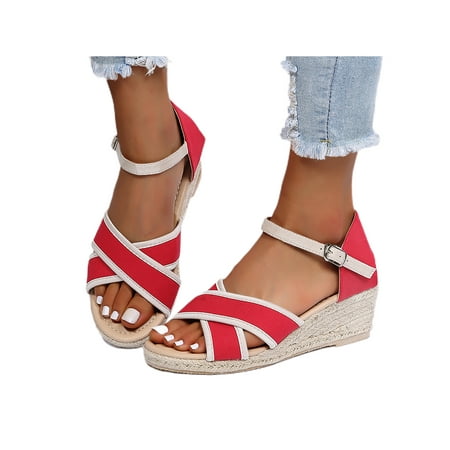 

Eloshman Ladies Comfy Ankle Strap Wedge Sandals Beach Cross Straps Lightweight Buckle Shoes Red 8.5